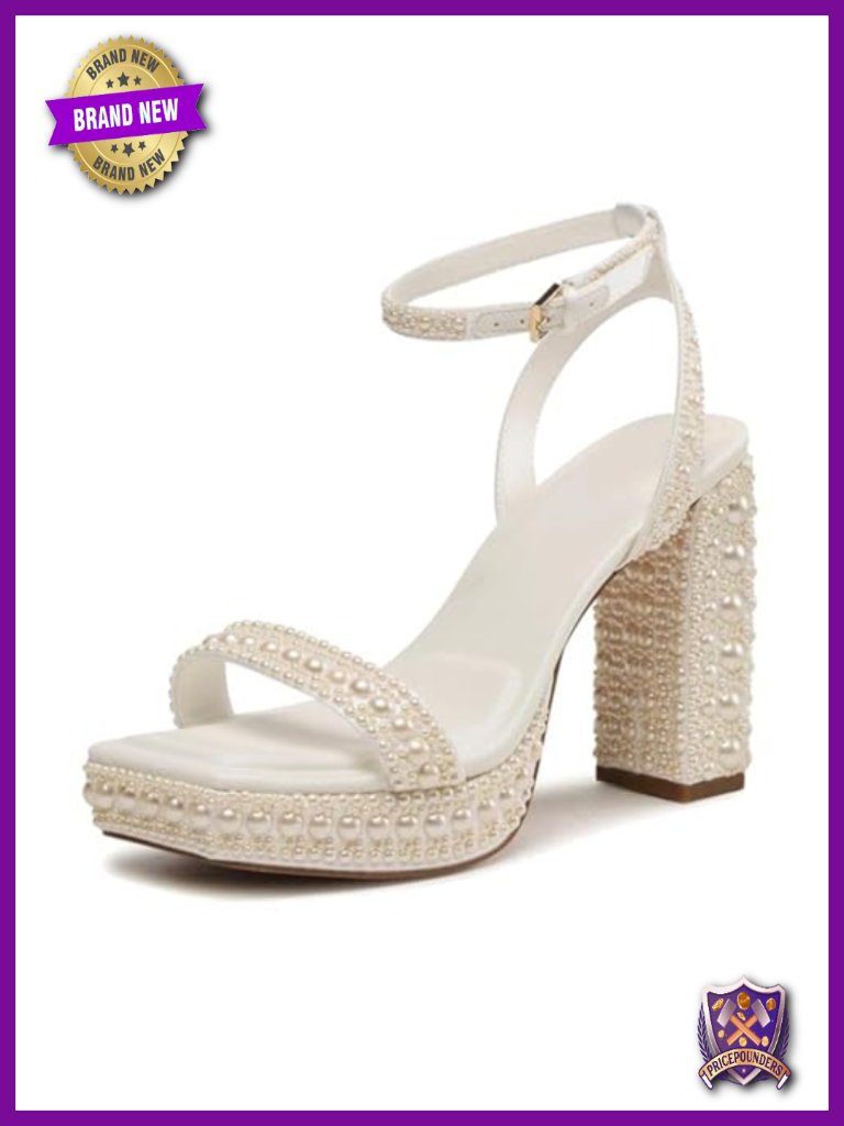 Open Toe Pearl Platform Chunky Heels Block High Heel Ankle Strap Wedding Bride